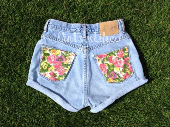 Vintage High Waisted Jean Shorts Floral Back Pockets All Sizes Available