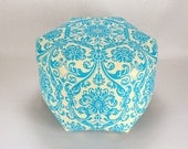 18" Pouf Ottoman Pillow in Mandarin Blue Turquoise and Natural Damask Premier Abigail