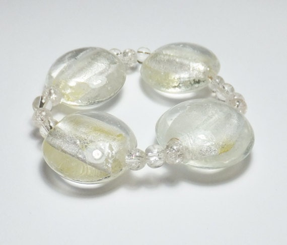 Clear Lampworked Glass with Silver/Light Yellow Foil Accents Beaded Stretch Bracelet