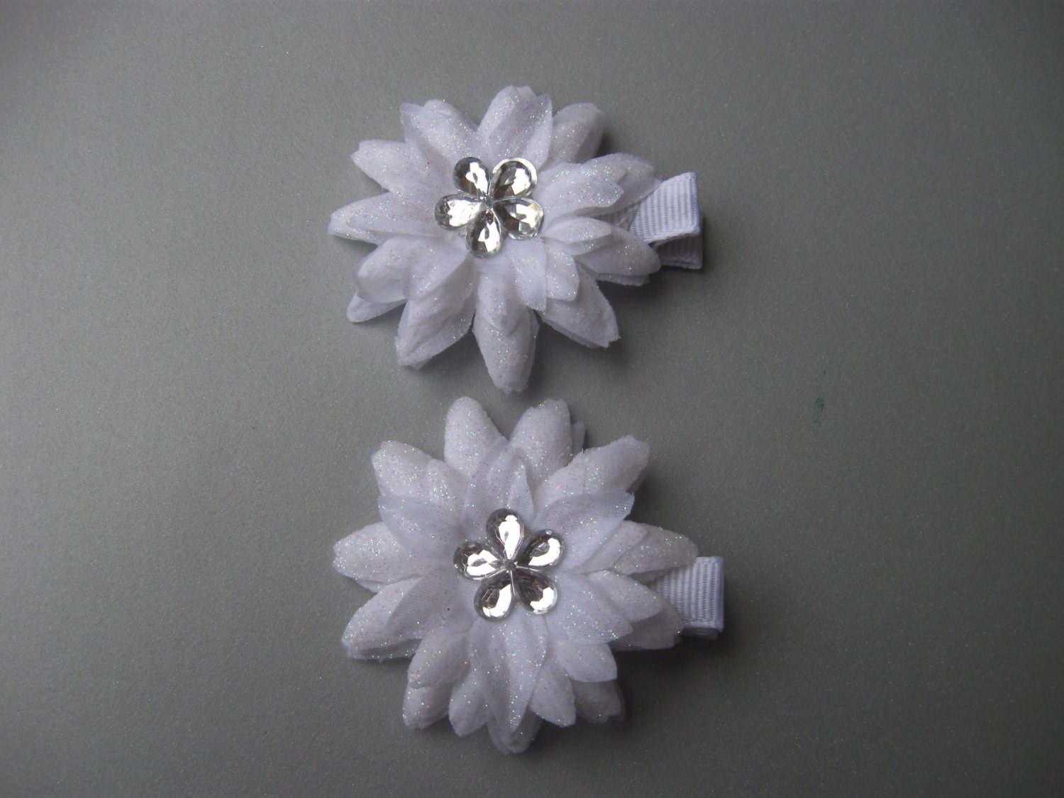Girl Hair Clips, White Flower Hair Clips perfect for Pigtail,  Set of 2" Small Flower Clip with Rhinestone Center
