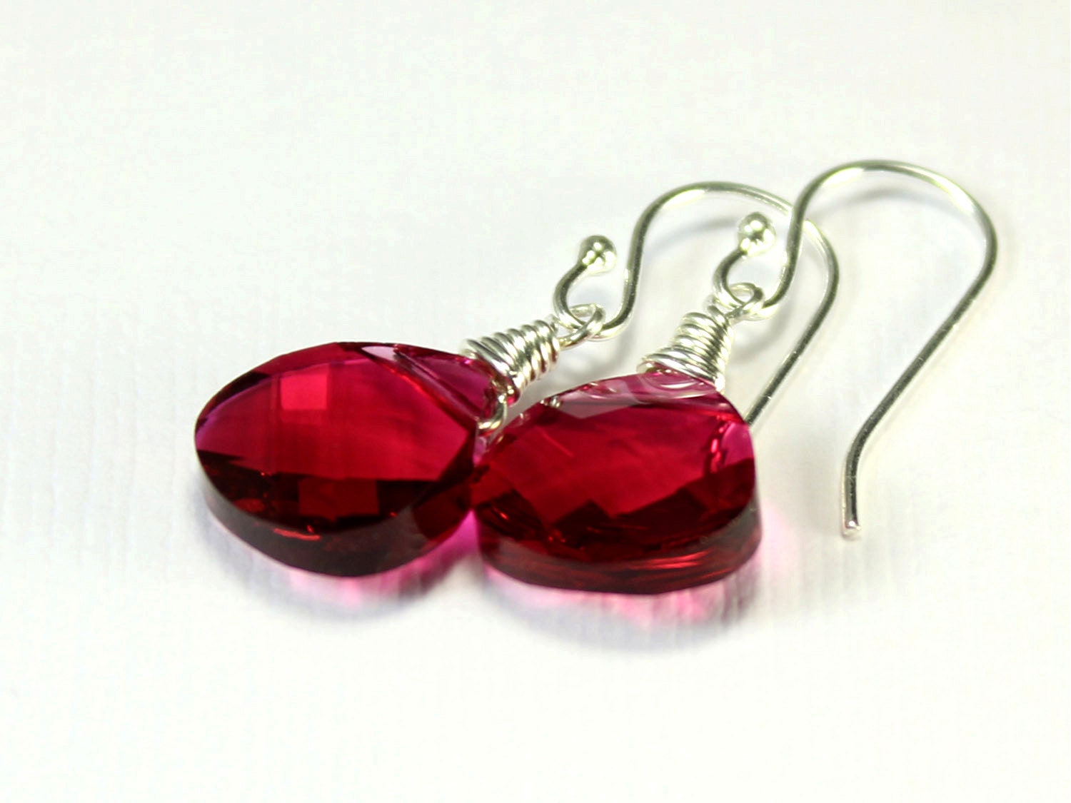 Ruby Crystal Earrings Sterling Silver - Wire Wrapped Earrings - Evening, Bridesmaid Gift, Bridal Jewelry