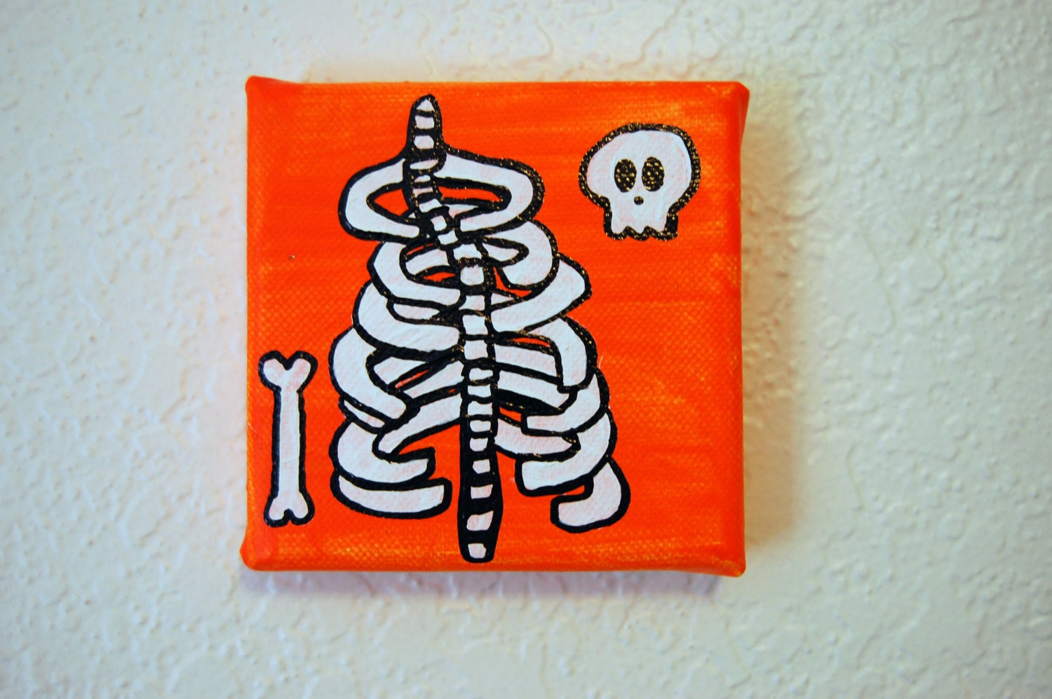Orange Ribcage and Skull Bone Painting 4x4 canvas Acrylic