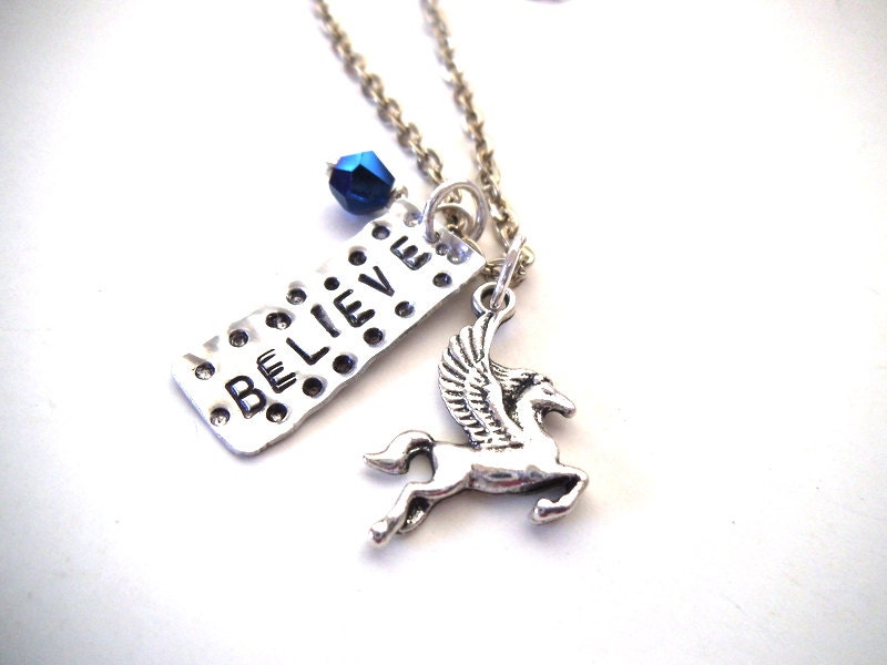 Metal Stamped BELIEVE Silver Necklace with Pegasus and Crystal, Mythology, Fantasy, Personalized Jewelry, Mother's Day