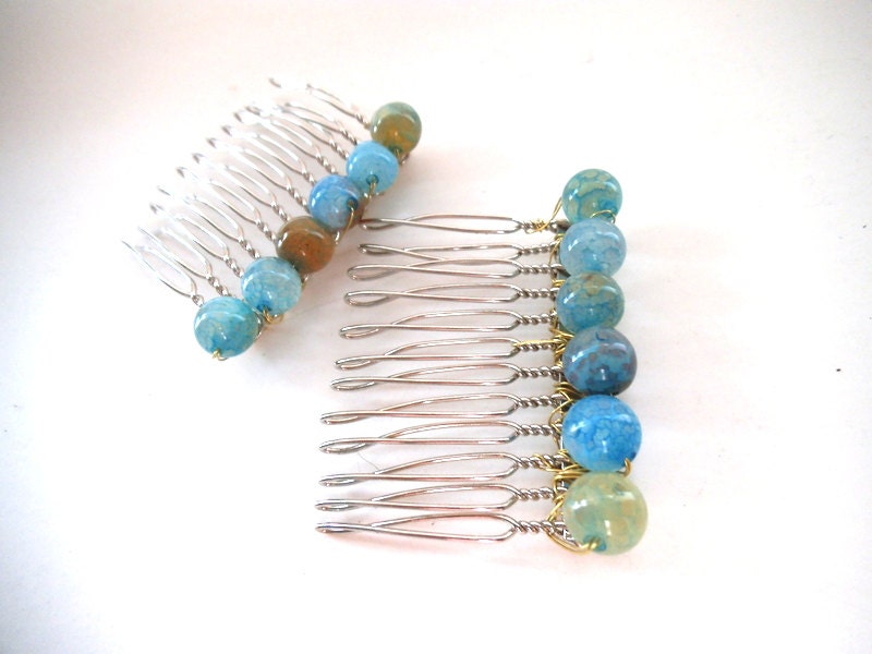 Hair Combs with Blue Dragon Vein Gemstone Beads, Wire-Wrapped, Hair Jewelry, Wedding Wear, Bridesmaids Wear