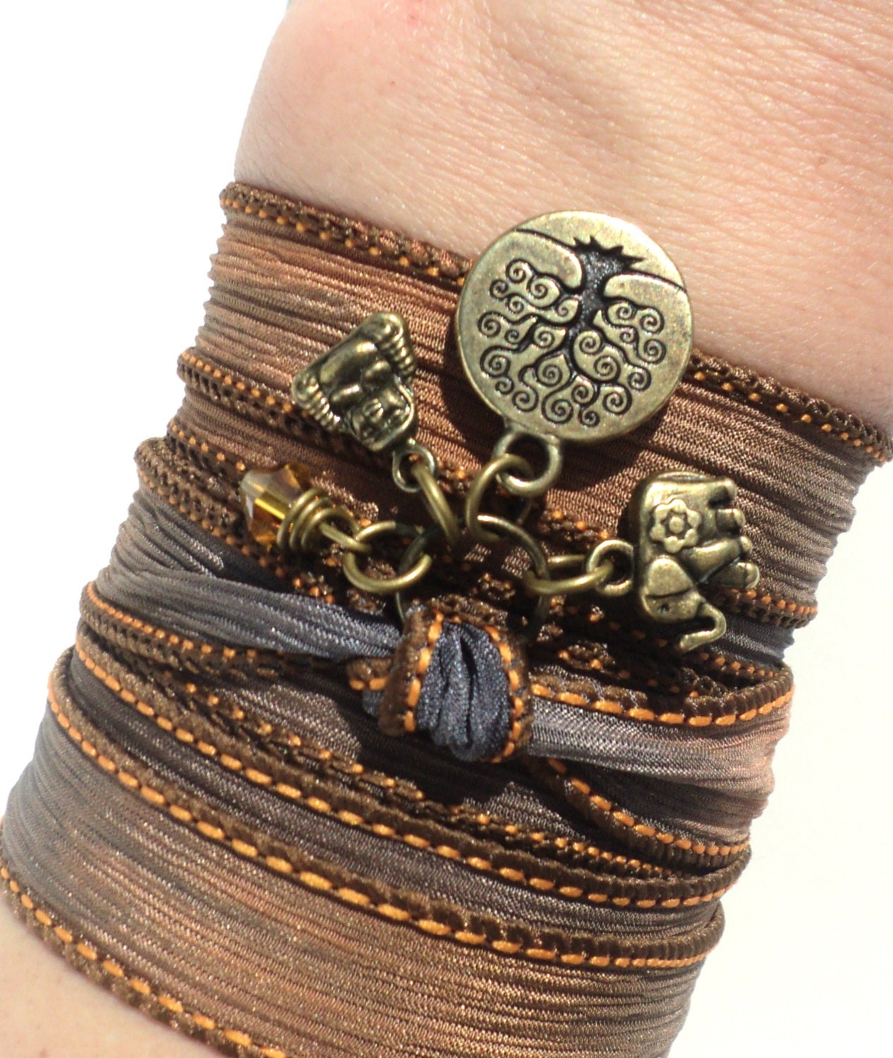 Bohemian Silk Wrap Bracelet Buddha Tree of Life Yoga Jewelry Boho Upper Arm Band Ganesha Earthy Unique Gift For Her Under 50 Item Y40