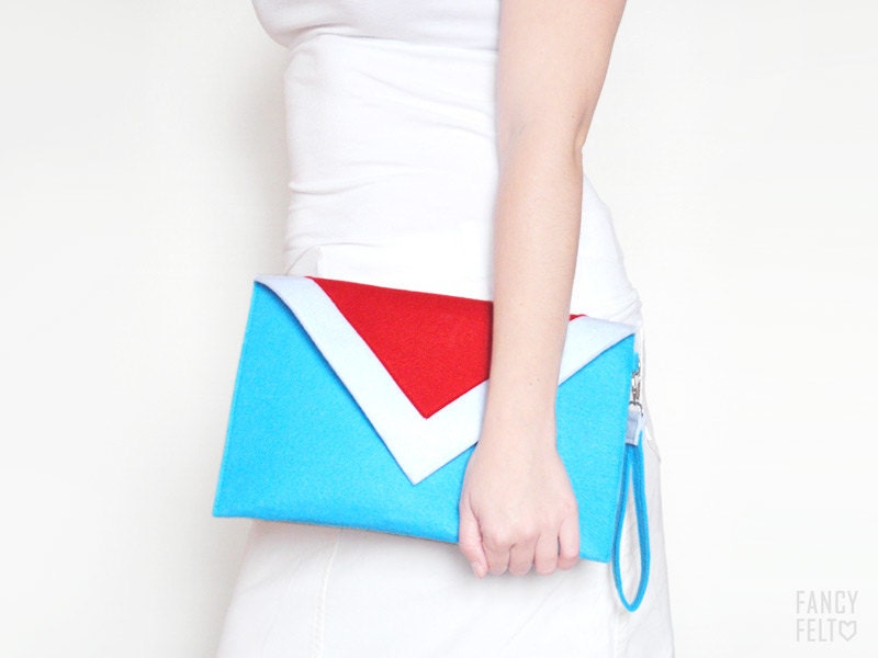 Geometric blue red white felt clutch bag