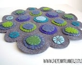 Felt Table Runner in Recycled Gray, Blue and Green Wool / Round Wool Penny Runner / Home Decor