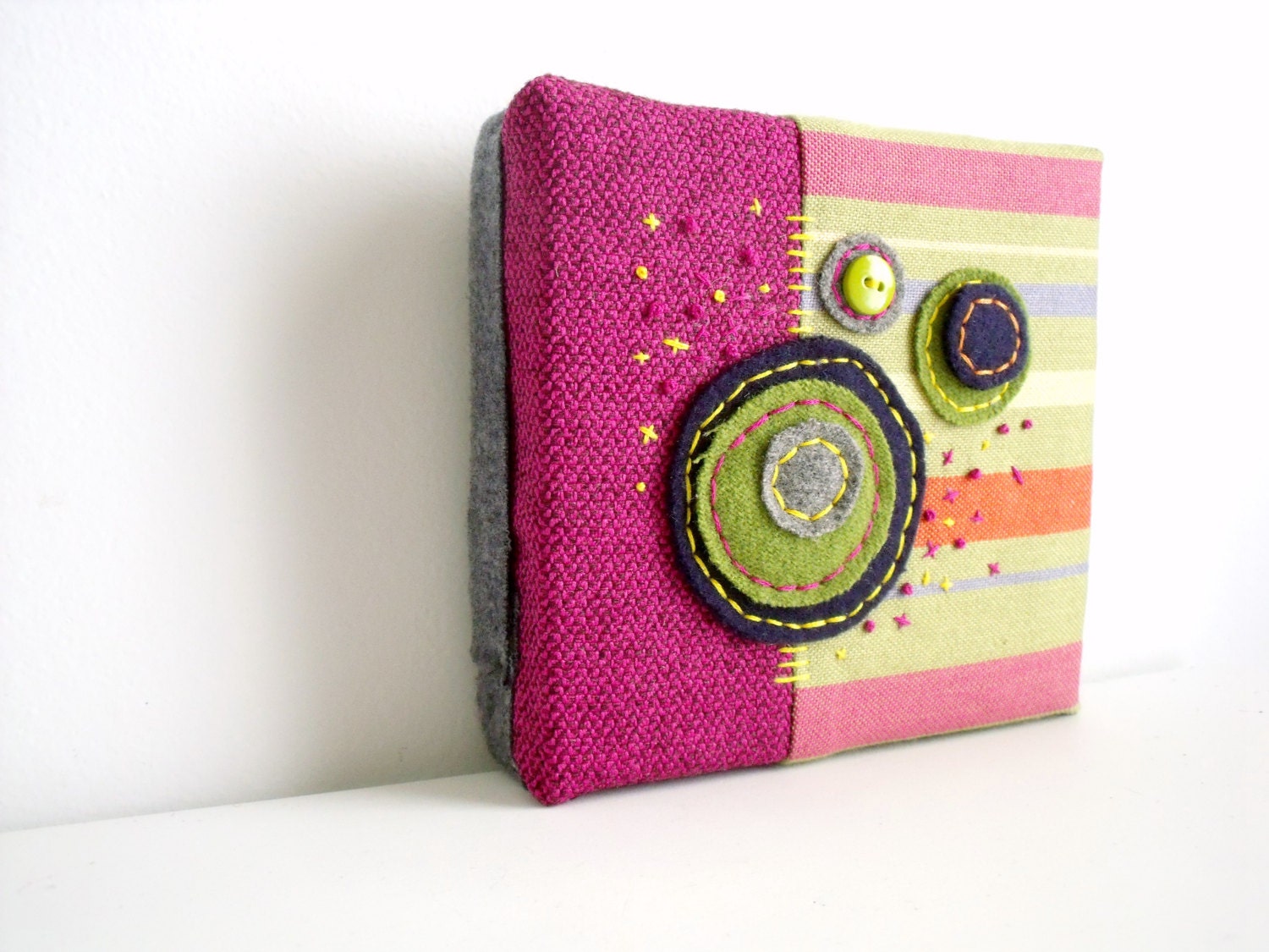 Embroidered Felt Wall Hanging Magenta, Purple and Green Handmade Art Repurposed Fiber Art
