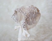 baby bonnet, simply from cream organic cotton fabric and light gray vintage lace , newborn Photo prop, baby hat, vintage girl