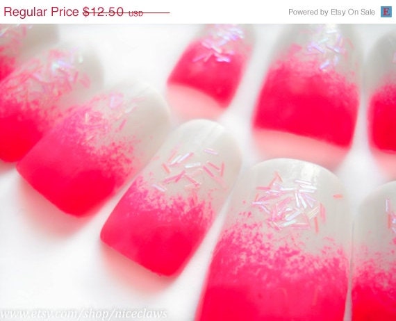 SALE Hot Pink Ombre Fake Nails with Glitter