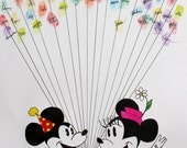 Hand Drawn Ink Guest Book Art: Birthday Mickey Mouse and Minnie Mouse with Balloons
