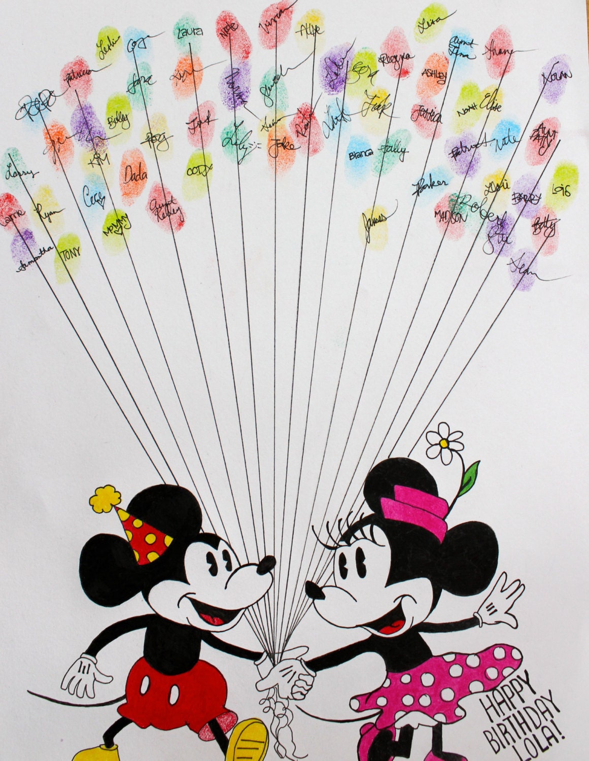 Hand Drawn Ink Guest Book Art: Birthday Mickey Mouse and Minnie Mouse with Balloons
