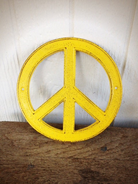 BOLD sunny yellow peace sign // shabby cottage chic retro cast iron // spring summer teen decor - BOLDHOUSE