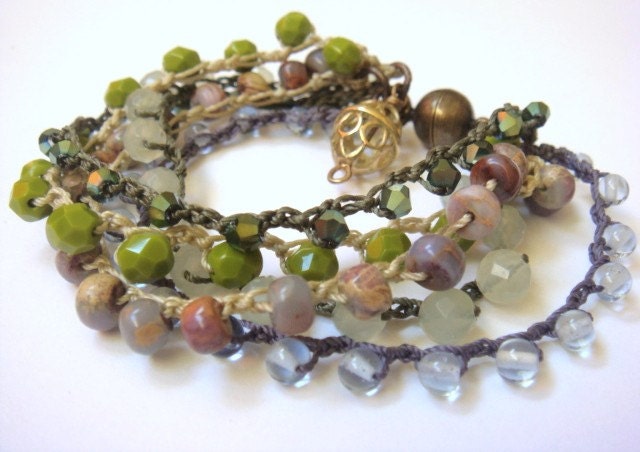 Boho Beaded Crochet Bracelet Olive Green Teal Blue Lilac Purple Lavender