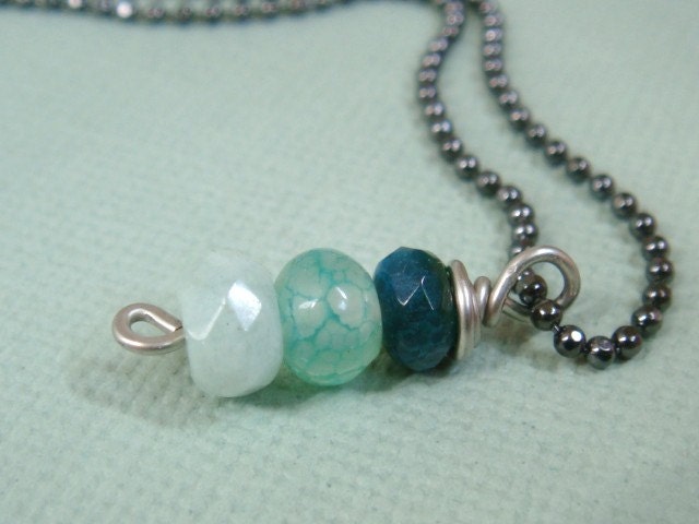 Minimalist Blue Green Stacked Gemstone Necklace Contemporary Modern Style Gunmetal Ball Chain