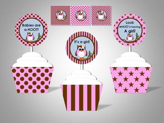 Owl Baby Shower - Baby Girl - Cupcake Wrappers & Toppers - DIY Printable Baby Shower Decorations Il_570xn