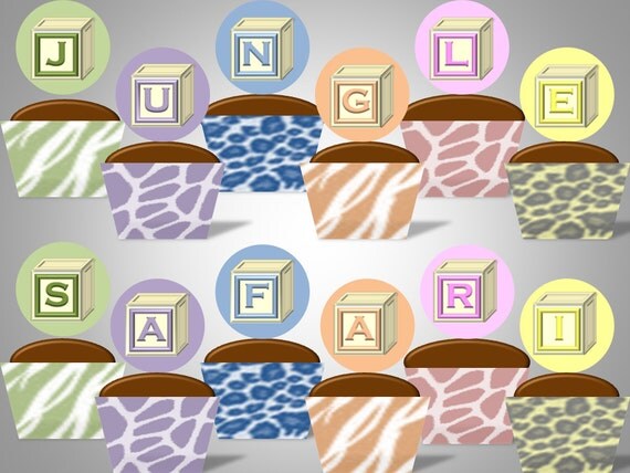 Jungle Safari Baby Shower - Pastel Animal Print - Unisex - Cupcake Wrappers & Toppers - DIY Printable Baby Shower Decorations Il_570xn