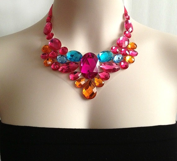 bib necklace - hot pink, aquamarine, orange and fuchsia color rhinestone unique bib necklace prom, wedding, bridesmaids necklace NEW SEASON