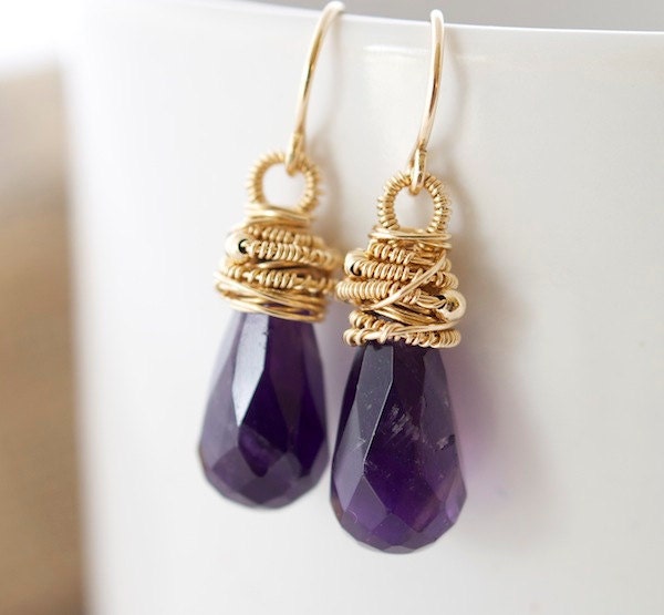 Amethyst Earrings, Wire Wrapped Earrings, Purple Earrings, Gold Earrings