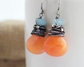 Orange Chalcedony Dangle Earring, Orange Earrings, Wire Wrapped Earrings, Oxidized Earrings, Gemstone Earrings