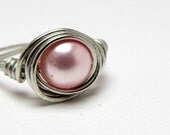 Pink Swarovski Pearl Ring, Wire Wrapped Ring, Sterling Silver Wire and Pearl Ring, Wedding Jewelry - LittleHillJewelry