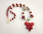 Red and White Butterfly Necklace, Beaded Necklace, Lampwork Necklace, Beadwork Necklace, Beaded Jewelry, Gifts for Her, Women's Jewelry