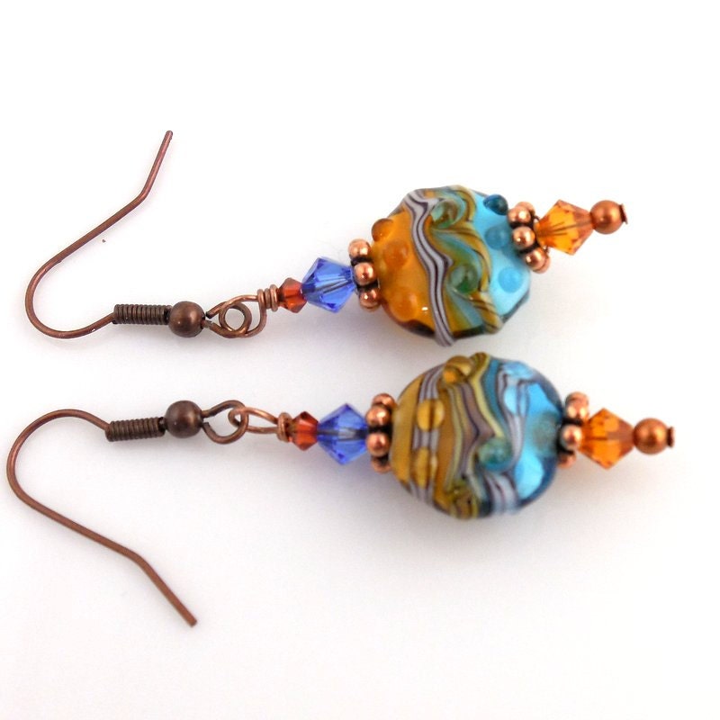 Blue and Topaz Dangle Earrings, Lampwork Earrings, Beaded Earrings, Beaded Jewelry, Women's Jewelry, Gifts for Her