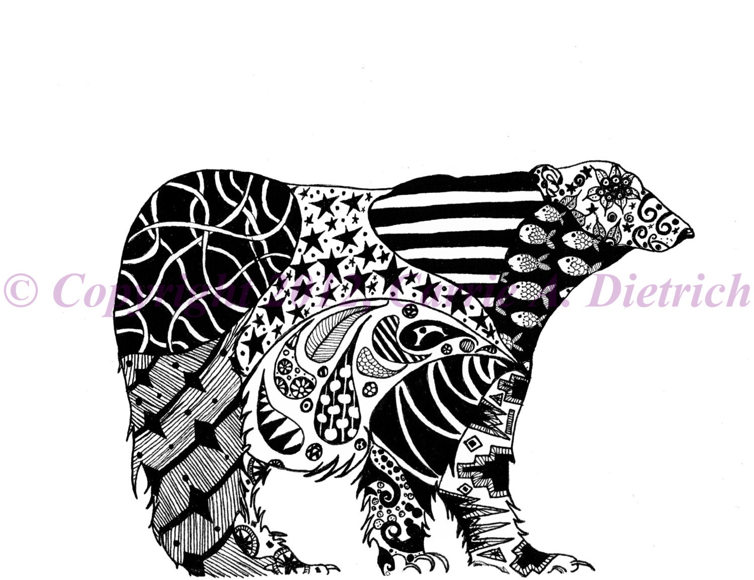Black and White Art Pen and Ink Animals Polar Bear Illustration Signed 8 x 10 Print Home Decor Design Drawing