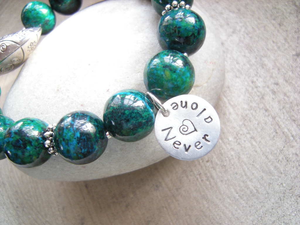 Turquoise Green Chrysocolla,Green Stone Bracelet, Gemstone Bracelet, Heart bracelet, Teal Beads, Stretchy, 14mm beads, Never Alone