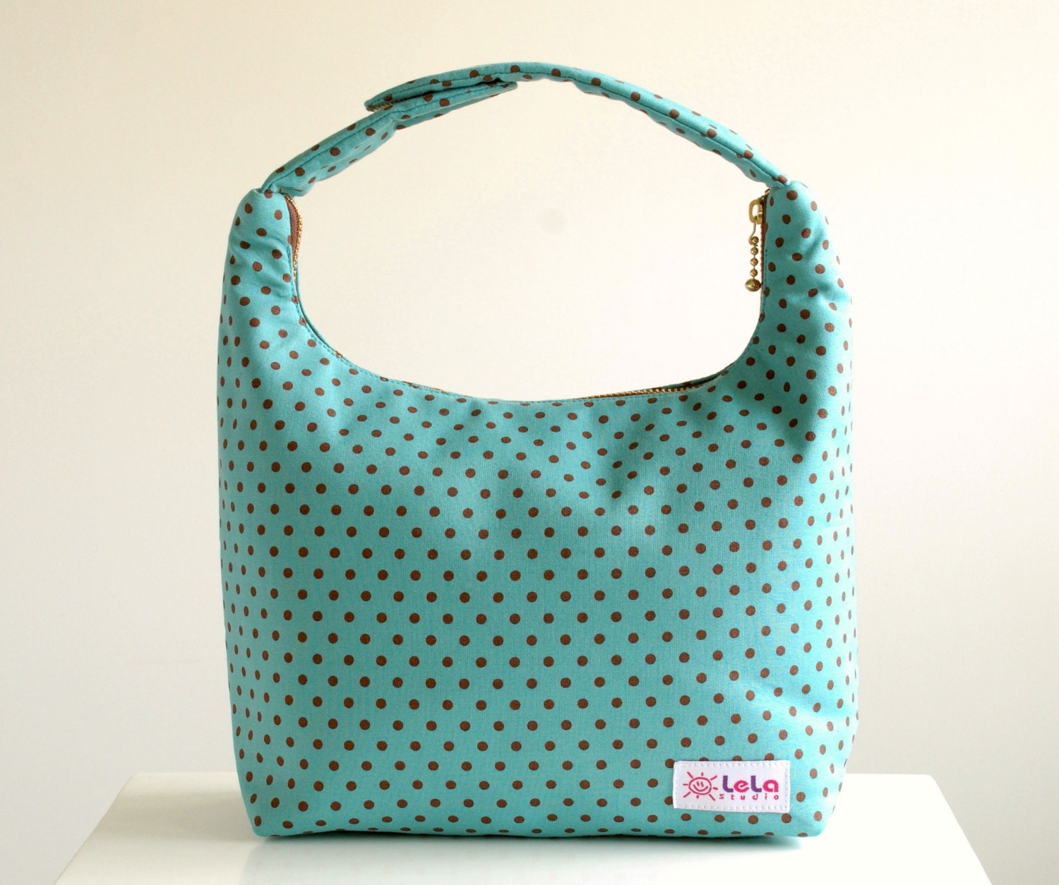 Insulated Lunch Bag, Polka Dot Lunch Bag, Lunch Bag, Girls Lunch Bag, Work Lunch Tote-Tiffany Blue Brown Polka Dot