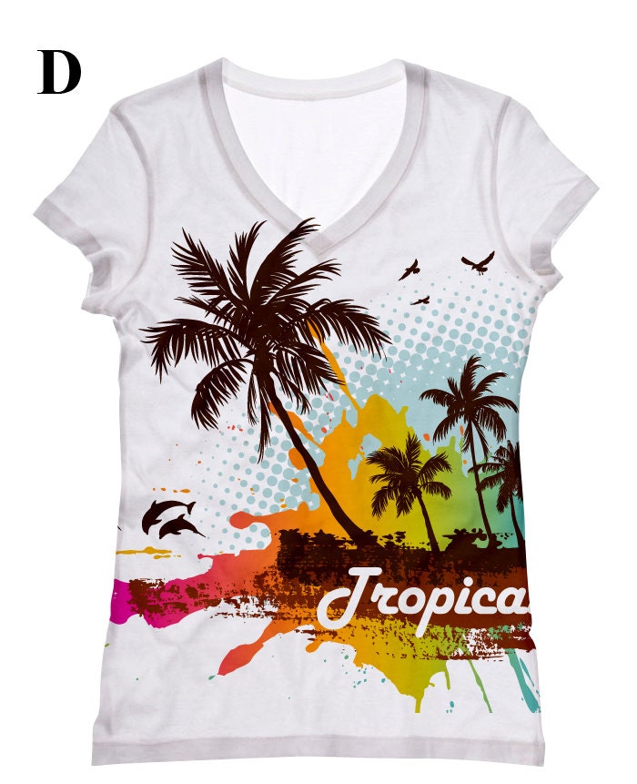 woman Tropical print top t/shirt and tank top with palm trees and waves XS - 3XL