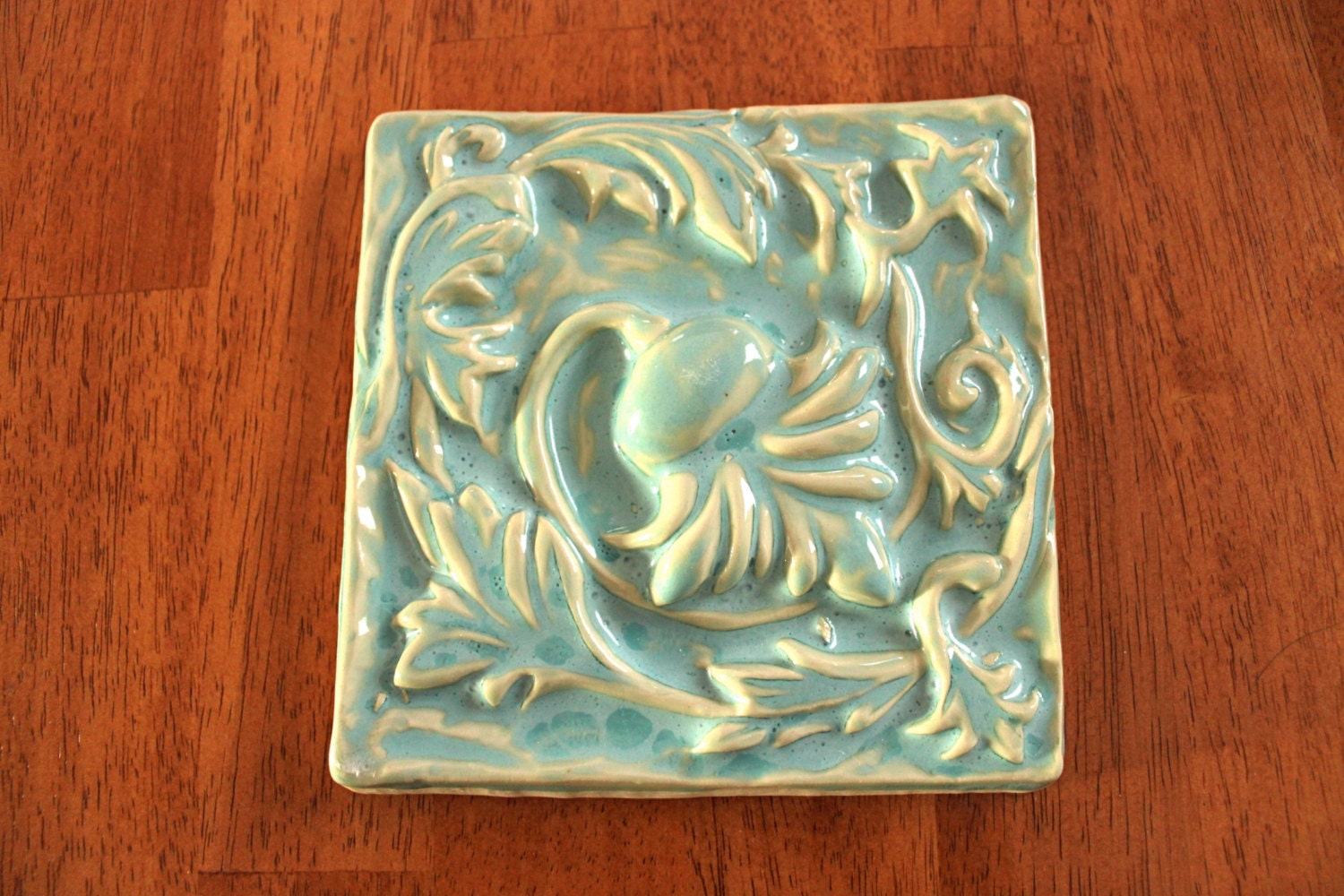 Handmade Decorative Relief Stoneware Tile - Thistle