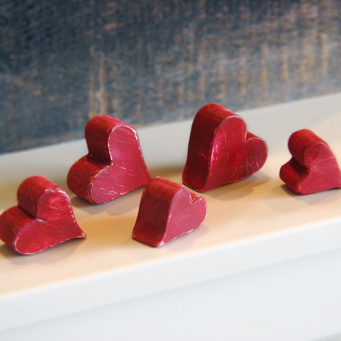 5 Small Wood Hearts - Set of Five Chunky Rustic Primitive Hearts