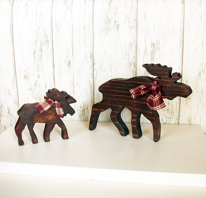 Two Rustic Wood Moose - Set of Two Brown Wooden Lodge Moose