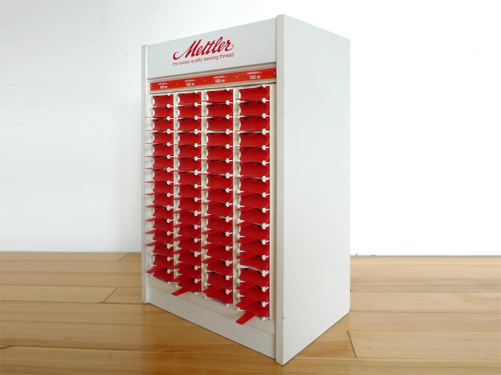 Vintage Mettler Thread Spool Display Case - Red and White Storage Crafting Sewing