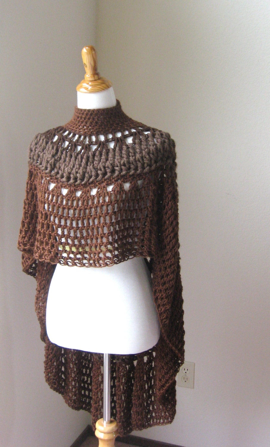CROCHET PONCHO SHAWL Brown Fashion Boho Circle Vest Original Ooak Handmade Capelet Turtleneck Rustic