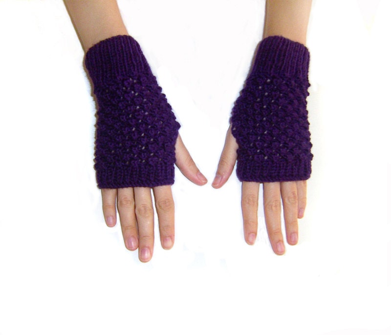 SUMMER SALE: 15% OFF - Hand Knit Fingerless Gloves in Purple - Trinity Stitch Arm Warmers - Seamless Knit Gloves - Winter Fashion
