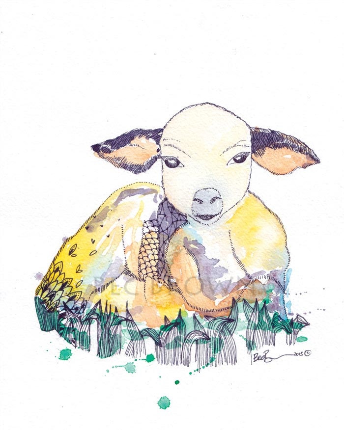 ORIGINAL Little Lamb Watercolour Art Drawing 8x10" size unframed