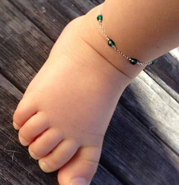 Baby ankle bracelet emerald crystal and sterling by Aupetitpied