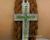 New Beaded Silver or Gold Crystal Curved Cross Bracelet--brown wax rope leather braided bracelet,green and white diamond jewel bracelet