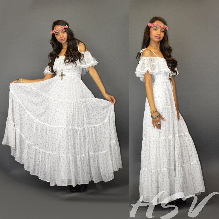 VTG 70s Gunne Sax White Floral Wedding Hipipie Boho Prairie Calico Maxi Dress