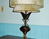ATOMIC Mid Century MODERN LAMP 3 tier fiberglass shade black gold spattered ceramic and brass Mad Men 1950s space age