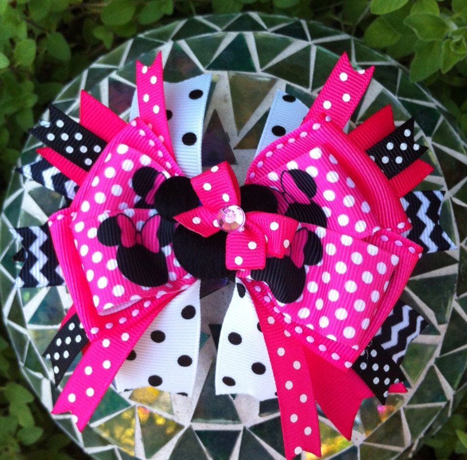 Hot Pink and Black Polka Dot Minnie Mouse Inspired Stacked Hairbow