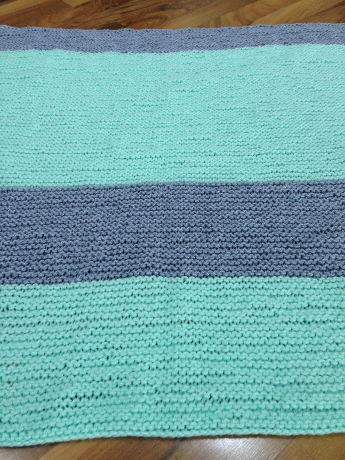 Mint & Grey Hand Knit Baby Blanket, Simple, Modern, Free Shipping in US