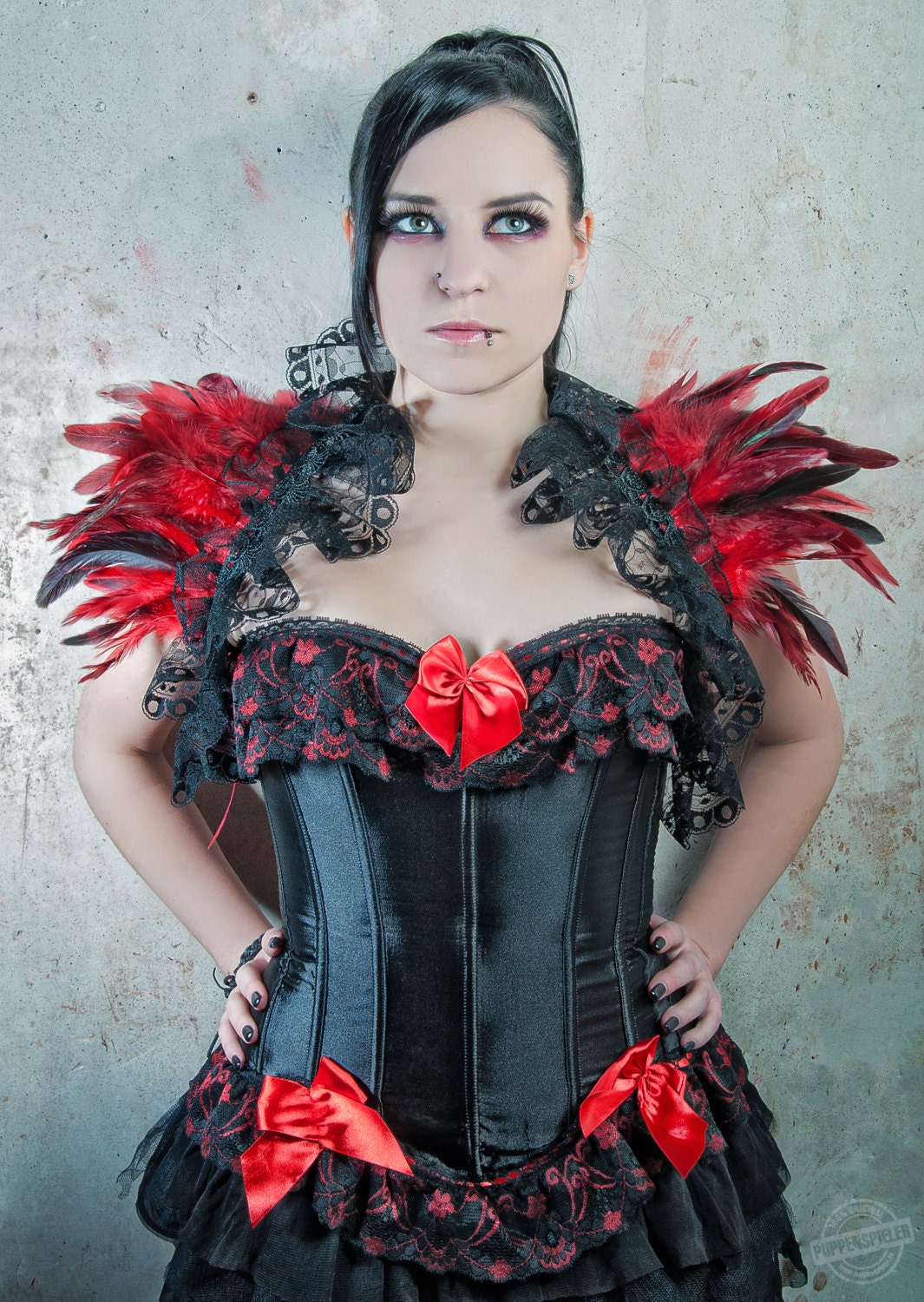 Goth feather shrug shoulder wrap red with lace Burlesque victorian