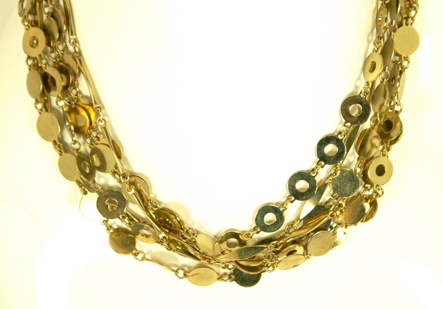 Vintage Triple strand Geometric Gold Tone Circle Link Necklace