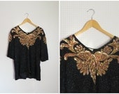 Vintage Frank Usher Blouse / Black and Gold Sequin Top / Large