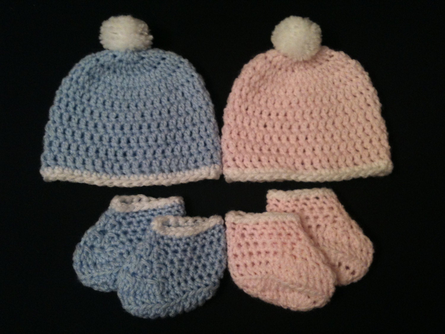TWINS Light Blue and Pink PomPom Beanie and Booties Set - Preemie and Newborn - Hand Crochet Baby Hat, Newborn Twins Photography Prop