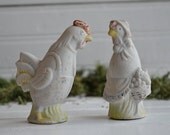 1930's Early Vintage Japan White Bisque Hen & Rooster Couple, Easter, Spring