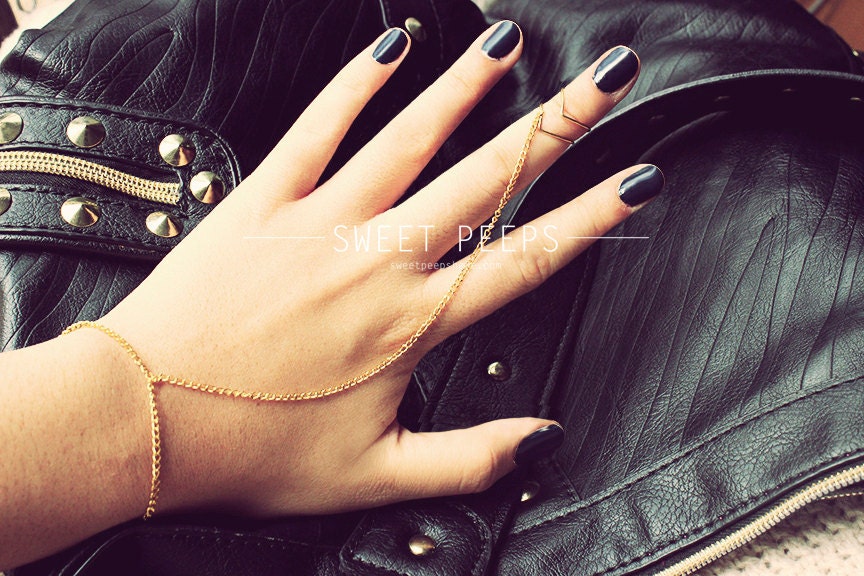 Gold Double Chevron Knuckle Ring Hand Harness/Slave Bracelet